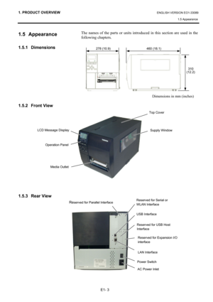 Page 121. PRODUCT OVERVIEW ENGLISH VERSION EO1-33089 
1.5 Appearance
 
E1- 3 
1.5 Appearance 
 
1.5.1 Dimensions 
 
 
 
 
 
 
 
 
1.5.2 Front View 
 
 
 
 
 
 
 
 
 
 
 
 
 
1.5.3 Rear View
 
 
 
 
The names of the parts or units introduced in this section are used in the 
following chapters. 
 
 
 
 
 
 
 
 
 
 
 
 
 
 
 
 
 
 
 
 
 
 
 
 
 
 
 
 
 
 
 
 
 
 
 
278 (10.9)460 (18.1) 
Dimensions in mm (inches) 
310 
(12.2)
Top Cover 
Media OutletSupply Window 
LCD Message Display
Operation Panel
Reserved for...