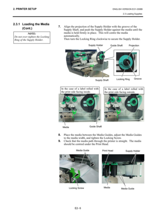 Page 20
2. PRINTER SETUP ENGLISH VERSION EO1-33089 2.3 Loading Supplies
 
E2- 6 
2.3.1  Loading the Media  (Cont.) 
 
 
 
 
 
 
 
 
 
 
 
 
 
 
   
7.
  Align the projection of the Supply Holder with the groove of the 
Supply Shaft, and push the Supply Holder against the media until the 
media is held firmly in place.  This will centre the media 
automatically. 
Then turn the Locking Ring clockw ise to secure the Supply Holder.  
 
 
 
 
 
 
 
 
 
 
 
 
 
 
 
 
 
 
 
 
8.   Place the media between the Media...