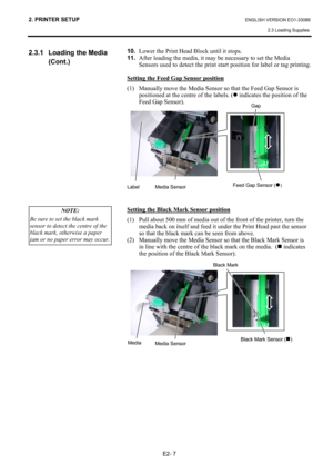 Page 21
2. PRINTER SETUP ENGLISH VERSION EO1-33089 2.3 Loading Supplies
 
E2- 7 
2.3.1  Loading the Media  (Cont.) 
 
 
 
 
 
 
 
 
 
 
 
 
 
 
  10.
 Lower the Print Head Block until it stops.  
11.  After loading the media, it may be necessary to set the Media 
Sensors used to detect the print start position for label or tag printing. 
 
Setting the Feed Gap Sensor position
 
(1)  Manually move the Media Sensor so that the Feed Gap Sensor is  positioned at the centre of the labels. ( z indicates the position...