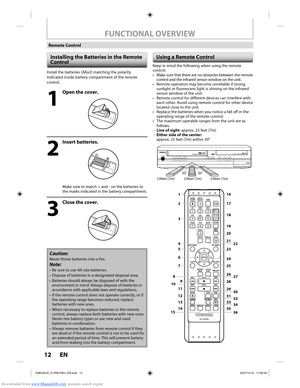 Page 12Downloaded from www.Manualslib.com manuals search engine 12 EN12 EN
FUNCTIONAL OVERVIEW
Remote Control
Installing the Batteries in the Remote 
Control
Keep in mind the following when using the remote 
control:
•  Make sure that there are no obstacles between the remote control and the infrared sensor window on the unit.
•  Remote operation may become unreliable if strong sunlight or fluorescent light is shining on the infrared 
sensor window of the unit.
•  Remote control for different devices can...