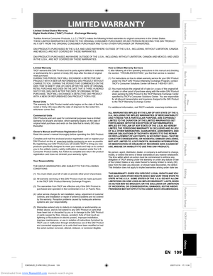 Page 124Downloaded from www.Manualslib.com manuals search engine 109EN109EN
Disc 
Management
Recording
Playback
Introduction
Connections
Basic Setup
Editing
Function Setup
VCR Function
Others
LIMITED WARRANTY
Limited United States Warranty 
Digital Audio Video (“DAV”) Product - Exchange Warranty 
Toshiba America Consumer Products, L.L.C. (“TACP”) makes the following limited warranties to original consumers in the United S tates.   
THESE LIMITED WARRANTIES EXTEND TO THE ORIGINAL CONSUMER PURCHASER OR ANY PERSON...