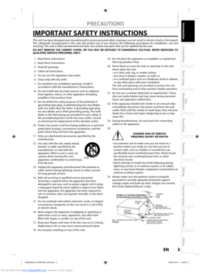 Page 3Downloaded from www.Manualslib.com manuals search engine 3EN3EN
Disc 
Management
Recording
Playback
Introduction
Connections
Basic Setup
Editing
Function Setup
VCR Function
Others
PRECAUTIONS
  1.  Read these instructions.
  2.  Keep these instructions.
  3.  Heed all warnings.
  4.  Follow all instructions.
  5.  Do not use this apparatus near water.
  6.  Clean only with dry cloth.
  7.  Do not block any ventilation openings. Install in 
accordance with the manufacturer’s instructions.
  8.  Do not...