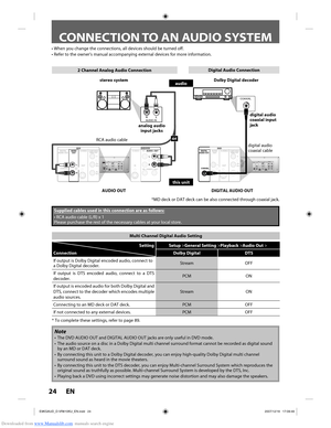 Page 24Downloaded from www.Manualslib.com manuals search engine 24 EN24 EN
CONNECTION TO AN AUDIO SYSTEM
• When you change the connections, all devices should be turned off.
• Refer to the owner’s manual accompanying external devices for mo\
re information.
Note
•  The DVD AUDIO OUT and DIGITAL AUDIO OUT jacks are only useful in DVD mod\
e.
•  The audio source on a disc in a Dolby Digital multi channel surround for\
mat cannot be recorded as digital sound by an MD or DAT deck.
•  By connecting this unit to a...