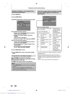 Page 40Downloaded from www.Manualslib.com manuals search engine 40 EN40 EN
Checking, canceling, or correcting the timer 
programming informationIf the timer program did not complete correctly, 
the error number appears in the timer pro-
gramming list.
1) Press [TIMER SET].
2) Press [TIMER PROG.].
3) Check the information on the list you want to edit.
Timer Programming1/1
TUE JAN/01 10:00AM
SP  (1:00) JAN/  2/08  12:00 AM L1 SP
   Date  Start  End  L1/L2
   JAN/02  12:00AM  1:00AM  L1
 New  Program
4-A)  To...