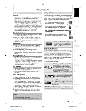 Page 5Downloaded from www.Manualslib.com manuals search engine 5EN5EN
Disc 
Management
Recording
Playback
Introduction
Connections
Basic Setup
Editing
Function Setup
VCR Function
Others
PRECAUTIONS
Servicing
•  Please refer to relevant topics on “TROUBLESHOOTING” 
on pages 102-105 before returning the product.
•  If you need to call a customer service representative,  please know the model number and serial number of 
your product before you call. This information is 
displayed on the back of the product....