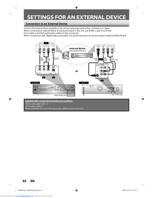 Page 44Downloaded from www.Manualslib.com manuals search engine 44 EN44 EN
SETTINGS FOR AN EXTERNAL DEVICE
DVDDIGITAL
AUDIO OUT AUDIO
OUT S-VIDEO
IN
COAXIAL L
R L
R L
R
S -VI DEO I N  --- AU D I O --- OU T
I N  --- V I D E O --- OU TCOMPONENTVIDEO OUTDVD/VCRHDMI OUT
IN L
R L
R
S-VIDEO IN --- AUDIO
 --- OU T
IN --- VIDEO  --- OU T
DVD/VCR
AUDIO OUT DV-OUT
LRVIDEO OUTAUDIO OUT
L
RVIDEO
OUT
S-VIDEO
OUT
VIDEO L R DV
front of this unit rear of this unit
external device(camcorder, VCR etc.)
DV cable
(4-pin)
RCA...