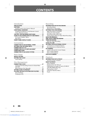 Page 6Downloaded from www.Manualslib.com manuals search engine 6EN6EN
CONTENTS
Introduction
PRECAUTIONS  . . . . . . . . . . . . . . . . . . . . . . . . . . . . . . . . . . .  2
FEATURES  . . . . . . . . . . . . . . . . . . . . . . . . . . . . . . . . . . . .\
 . . .  8Symbols Used in this Owner’s Manual  . . . . . . . . . . . . . . . 8
FUNCTIONAL OVERVIEW  . . . . . . . . . . . . . . . . . . . . . . . .  11 Installing the Batteries in the Remote Control . . . . . .  12
Using a Remote Control . . . . . . . . ....