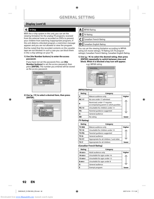 Page 92Downloaded from www.Manualslib.com manuals search engine 92 EN92 EN
4V-Chip
With the v-chip system in this unit, you can set the 
viewing limitation for the analog TV programs received 
from the external tuner or recorded on DVDs to prevent 
your children from watching inappropriate programs. If 
the unit detects a blocked program, a restriction message 
appears and you are not allowed to view the program.
And be noted that the recorded contents on the cassette 
tape are not blocked. In such a case you...