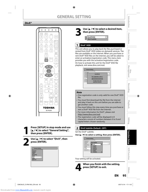 Page 95Downloaded from www.Manualslib.com manuals search engine 95EN95EN
Disc 
Management
Recording
Playback
Introduction
Connections
Basic Setup
Editing
Function Setup
VCR Function
Others
3
 Use [K / L] to select a desired item, 
then press [ENTER].
DivX R
 VOD
DivX Subtitle12
1DivX® VOD
This unit allows you to play back the files purchased or 
rented from DivX® VOD (video-on-demand) services. The 
files are available on the internet. When you purchase or 
rent DivX® VOD files on the internet, you will be...