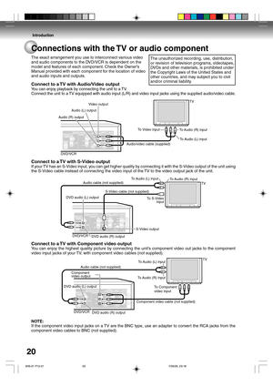 Page 20Introduction
20Connections with the TV or audio component
The exact arrangement you use to interconnect various video
and audio components to the DVD/VCR is dependent on the
model and features of each component. Check the Owner’s
Manual provided with each component for the location of video
and audio inputs and outputs.
Connect to a TV with Audio/Video output
You can enjoy playback by connecting the unit to a TV.
Connect the unit to a TV equipped with audio input (L/R) and video input jacks using the...