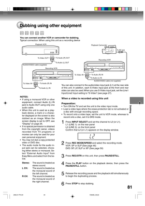 Page 81Dubbing
81
Dubbing using other equipment
You can connect another VCR or camcorder for dubbing.
Typical connection: When using this unit as a recording device
You can also connect to the audio/video input jack (L1) at the rear side
of this unit. In addition, each S-Video input jack at the front and rear
sides can also be used. When you use S-Video input jack, set the Line1
Input/Line2 Input setting to “S-Video” (see page 27).
To Audio (R) INRecording VCR Playback VCR
To Audio (L) IN To Video INTo Audio...