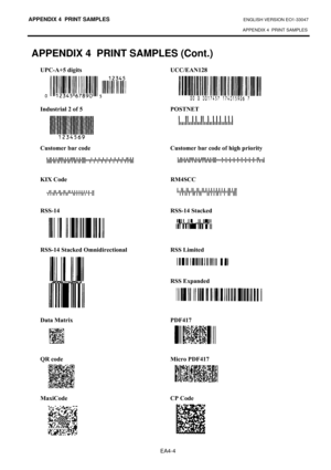 Page 108APPENDIX 4  PRINT SAMPLES ENGLISH VERSION EO1-33047 
APPENDIX 4  PRINT SAMPLES
 
EA4-4 
APPENDIX 4  PRINT SAMPLES (Cont.) 
83&0$.8#GLJLWV#8&&2($145;#
#
#
#
#
,QGXVWULDO#5#RI#8#32671(7#
#
#
#
#
&XVWRPHU#EDU#FRGH#&XVWRPHU#EDU#FRGH#RI#KLJK#SULRULW\#
#
#
#
.,;#&RGH## #5076&&##
#
#
#
566047#566047#6WDFNHG#
#
#
#
#
566047#6WDFNHG#2PQLGLUHFWLRQDO#566#/LPLWHG#
#
#
#
#566#([SDQGHG#
#
#
#
#
DWD#0DWUL[##3)74:# #
#
#
#
#
45#FRGH#0LFUR#3)74:#
#
#
#
#
0D[L&RGH#&3#&RGH#
##
#
#
#
#
#
#
#
#
#
#
#
#
##
#
#
#
# 