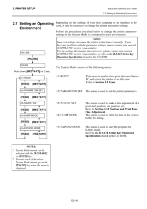 Page 292. PRINTER SETUP ENGLISH VERSION EO1-33047 
2.7 Setting an Operating Environment
 
E2-16 
2.7  Setting an Operating 
Environment 
#
#
#
#
#
#
#
#
#HSHQGLQJ#RQ#WKH#VHWWLQJV#RI#\RXU#KRVW#FRPSXWHU#RU#DQ#LQWHUIDFH#WR#EH#
XVHG/#LW#PD\#EH#QHFHVVDU\#WR#FKDQJH#WKH#SULQWHU#SDUDPHWHU#VHWWLQJV1#
#
)ROORZ#WKH#SURFHGXUHV#GHVFULEHG#EHORZ#WR#FKDQJH#WKH#SULQWHU#SDUDPHWHU#
VHWWLQJV#LQ#WKH#6\VWHP#0RGH#WR#FRUUHVSRQG#WR#\RXU#HQYLURQPHQW1##
#
#
#
#
#
#
#
#
#
#
7KH#6\VWHP#0RGH#FRQVLVWV#RI#WKH#IROORZLQJ#PHQXV1##
#
#...