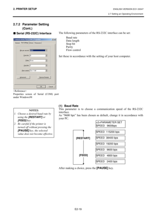Page 322. PRINTER SETUP ENGLISH VERSION EO1-33047 
2.7 Setting an Operating Environment
 
E2-19 
2.7.2 Parameter Setting 
(Cont.) 
„#Serial (RS-232C) Interface
#
#
#?5HIHUHQFH!#
3URSHUWLHV#VFUHHQ#RI#6HULDO#+&20,#SRUW#
XQGHU#:LQGRZV