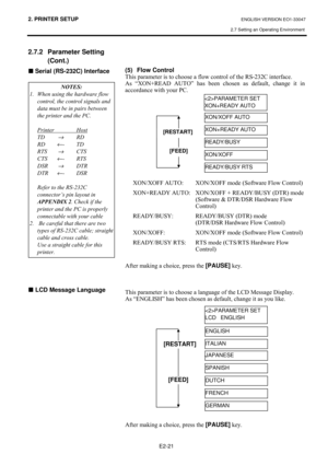 Page 342. PRINTER SETUP ENGLISH VERSION EO1-33047 
2.7 Setting an Operating Environment
 
E2-21 
2.7.2 Parameter Setting 
(Cont.) 
„#Serial (RS-232C) Interface
#
#
#
#
#
#
#
#
#
#
#
#
#
#
#
#
#
#
#
#
#
#
#
#
#
#
#
#
#
#
#
#
#
„ LCD Message Language
##
#
#
(5)  Flow Control 
7KLV#SDUDPHWHU#LV#WR#FKRRVH#D#IORZ#FRQWURO#RI#WKH#560565&#LQWHUIDFH1#
$V#³;21.5($#$872´#KDV#EHHQ#FKRVHQ#DV#GHIDXOW/#FKDQJH#LW#LQ#
DFFRUGDQFH#ZLWK#\RXU#3&1##
#
#
#
#
#
#
#
#
#
#
#
#
#
;212;2))#$872=#;212;2))#PRGH##+6RIWZDUH#)ORZ#&RQWURO,#...