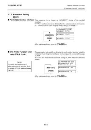 Page 352. PRINTER SETUP ENGLISH VERSION EO1-33047 
2.7 Setting an Operating Environment
 
E2-22 
2.7.2 Parameter Setting 
(Cont.) 
„ Parallel (Centronics) Interface
#
#
#
#
#
#
#
#
#
#
#
#
#
#
#
#
#
„
„„ „ Web Printer Function when 
using TCP/IP (LAN)
 
 
#
#
#
7KLV#SDUDPHWHU#LV#WR#FKRRVH#DQ#$&.2%86