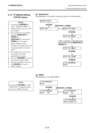 Page 412. PRINTER SETUP ENGLISH VERSION EO1-33047 
2.7 Setting an Operating Environment
 
E2-28 
2.7.3  IP Address Setting 
(TCP/IP) (Cont.) 
#
#
#
#(4)  Socket Port  
7KLV#SDUDPHWHU#LV#WR#HQDEOH#D#VRFNHW#SRUW#DQG#VHW#D#VRFNHW#QXPEHU1##
#
#
#
#
#
#
#
#
#
#
#
#
#
#
#
#
#
#
#
#
#
#
#
#
#
#
#
#
#
#
(5) DHCP  
7KLV#SDUDPHWHU#LV#WR#HQDEOH#+&31#
#
#
PORT ON  0800
0 
IP ADDRESS 
DHCP 
PORT ON  08000 PORT OFF ----- 
PORT ON  
08000 
PORT ON  0
8000 
SOCKET PORT 
[RESTART] or
 [FEED] 
[PAUSE] 
[PAUSE]  Enter a number...