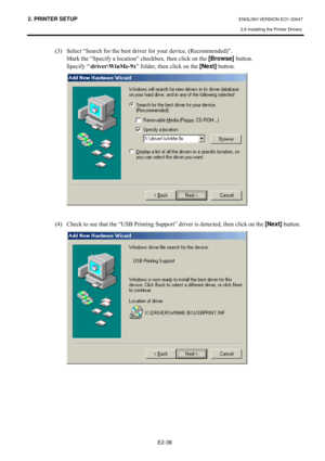 Page 492. PRINTER SETUP ENGLISH VERSION EO1-33047 
2.8 Installing the Printer Drivers
 
E2-36 
+6,#6HOHFW#³6HDUFK#IRU#WKH#EHVW#GULYHU#IRU#\RXU#GHYLFH1#+5HFRPPHQGHG,´1#
#0DUN#WKH#³6SHFLI\#D#ORFDWLRQ´#FKHFNER[/#WKHQ#FOLFN#RQ#WKH#[Browse] 
EXWWRQ1#
#6SHFLI\#³?GULYHU?:LQ0H0