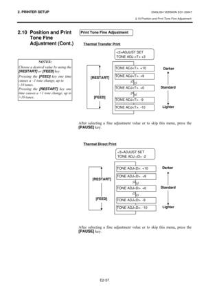 Page 702. PRINTER SETUP ENGLISH VERSION EO1-33047 
2.10 Position and Print Tone Fine Adjustment
 
E2-57 
2.10  Position and Print 
Tone Fine 
Adjustment (Cont.) 
#
#
#
#
#
#
#
#
##
#
#
  Thermal Transfer Print  
#
#
#
#
#
#
#
#
#
#
#
#
#
#
#
#
#
#
$IWHU#VHOHFWLQJ#D#ILQH#DGMXVWPHQW#YDOXH#RU#WR#VNLS#WKLV#PHQX/#SUHVV#WKH#
[PAUSE]
#NH\1#
#
#
#
  Thermal Direct Print  
#
#
#
#
#
#
#
#
#
#
#
#
#
#
#
#
#
#
#
$IWHU#VHOHFWLQJ#D#ILQH#DGMXVWPHQW#YDOXH#RU#WR#VNLS#WKLV#PHQX/#SUHVV#WKH#
[PAUSE]
#NH\1#
#
#
#
#
#
Print Tone...