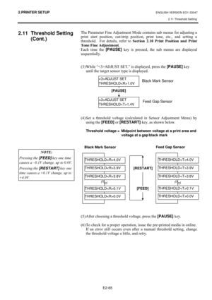 Page 782.PRINTER SETUP ENGLISH VERSION EO1-33047 
2.11 Threshold Setting
 
E2-65 
2.11 Threshold Setting 
(Cont.) 
#
#
#
#
#
#
#
#
#
#
#
#7KH#3DUDPHWHU#)LQH#$GMXVWPHQW#0RGH#FRQWDLQV#VXE#PHQXV#IRU#DGMXVWLQJ#D#
SULQW#VWDUW#SRVLWLRQ/#FXW2VWULS#SRVLWLRQ/#SULQW#WRQH/#HWF1/#DQG#VHWWLQJ#D#
WKUHVKROG1# #)RU#GHWDLOV/#UHIHU#WR#6HFWLRQ# 5143#3ULQW#3RVLWLRQ#DQG#3ULQW#
7RQH#)LQH#$GMXVWPHQW1##
(DFK#WLPH#WKH#[PAUSE]
#NH\#LV#SUHVVHG/#WKH#VXE#PHQXV#DUH#GLVSOD\HG#
VHTXHQWLDOO\1##
#
#...