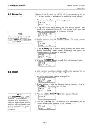 Page 803. ON LINE OPERATION ENGLISH VERSION EO1-33047 
3.2 Operation
 
E3- 2 
3.2 Operation 
 
 
 
 
 
 
 
 
 
 
 
 
 
 
 
 
 
 
 
 
 
 
 
 
3.3 Reset 
 
 
 
 
 
 
 
 
 
 
 
 
 :KHQ#WKH#SULQWHU#LV#WXUQHG#RQ/#WKH#“
21#/,1(”
#PHVVDJH#DSSHDUV#RQ#WKH#
/�HVVDJH#LVSOD\1##,W#LV#VKRZQ#GXULQJ#VWDQGE\#RU#QRUPDO#SULQWLQJ1##
#
1.
#7KH#SULQWHU#LV#WXUQHG#RQ/#VWDQGLQJ#E\/#RU#SULQWLQJ1#
#
#
#
2.
#,I#DQ\#HUURU#RFFXUV#GXULQJ#SULQWLQJ/#DQ#HUURU#PHVVDJH#DSSHDUV1# #7KH#...