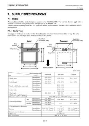 Page 91
7. SUPPLY SPECIFICATIONS ENGLISH VERSION EO1-33047 7.1 Media
 
E7- 1 
7. SUPPLY SPECIFICATIONS 
7.1 Media 
Please make sure that the media being used is approve d by TOSHIBA TEC.  The warranty does not apply when a 
problem is caused by using media that is not approved by TOSHIBA TEC. 
For information regarding TOSHIBA TEC approved medi a, please contact a TOSHIBA TEC authorised service 
representative.  
 
7.1.1 Media Type 
Two types of media can be loaded for this thermal transfer  and direct thermal...