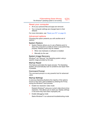 Page 121121If Something Goes Wrong
The Windows® operating system is not working
Reset your computer
❖All of your personal files and apps are removed
❖Your computer settings are changed back to their 
defaults
For more information, see “Reset your PC” on page 52.
Advanced options
Choosing this option presents you with another set of 
options:
System Restore
❖System Restore allows you to use a Restore point to 
return the computer to a state at which it was performing 
properly. Restore points may be created:...