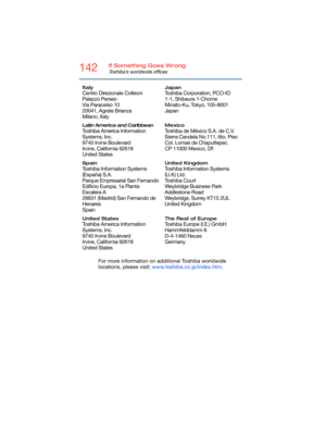 Page 142142If Something Goes Wrong
Toshiba’s worldwide offices
For more information on additional Toshiba worldwide 
locations, please visit: www.toshiba.co.jp/index.htm.
Italy
Centro Direzionale Colleoni
Palazzo Perseo
Via Paracelso 10
20041, Agrate Brianza
Milano, Italy
Japan
Toshiba Corporation, PCO-IO
1-1, Shibaura 1-Chome
Minato-Ku, Tokyo, 105-8001
Japan
Latin America and Caribbean
Toshiba America Information 
Systems, Inc.
9740 Irvine Boulevard
Irvine, California 92618
United States
Mexico
Toshiba de...