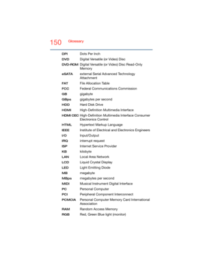 Page 150150Glossary
DPIDots Per Inch
DVDDigital Versatile (or Video) Disc
DVD-ROMDigital Versatile (or Video) Disc Read-Only 
Memory
eSATAexternal Serial Advanced Technology 
Attachment
FATFile Allocation Table
FCCFederal Communications Commission
GBgigabyte
GBpsgigabytes per second
HDDHard Disk Drive
HDMIHigh-Definition Multimedia Interface
HDMI CECHigh-Definition Multimedia Interface Consumer 
Electronics Control
HTMLHypertext Markup Language
IEEEInstitute of Electrical and Electronics Engineers...