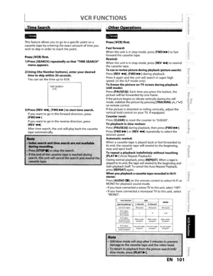 Page 101VCRFUNCTIONS
Other0erations
::I....I....
I&.I~..O·::I'~I_-
o...;:rtll...VI
-nc:::I
I...;O·.::1VItil...c:-C
mCl.;:;::r\!:l
no::I
::I
til
...,-o::II,~-
YourSelectionHIFIMONOTypeofrKordflf taptL·channelR·channelnonHi-FitapesMonaural Monaural Monaural+ti-Fitapesrecorded inL+RHi-FistereoHi-FitapesMainaudio MainaudiorecordedmainMainaudio
audio programprogram program program
Hi-FitapesSecond audio Secondaudio Secondaudio
recorded second
audio program program program program
Press
[VCR]first.
Fastforward:...