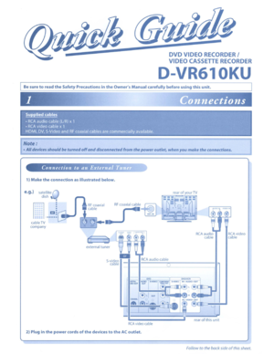 Page 113DVDVIDEORECORDERI
VIDEOCASSETTERECORDER
D-VR610KU
BesuretoreadtheSafetyPrecautionsintheOwnersManualcarefullybeforeusingthisunit.
~
Lonnections
~
•RCAaudiocable(LlR)xl.
•
RCAvideo cablexl
HDMI,DV,S-Video andRFcoaxialcablesarecommercially available.._
Note:
•All devices shouldbeturnedoffanddisconnected fromthepoweroutlet, whenyoumaketheconnections.
ConnectiontoanExtenza1uner.
)Maketheconnectionasillustratedbelow.
RCAvideocableRCAaudiocable
rear
ofthisunit
rearofyourTV
~i-®_:;...