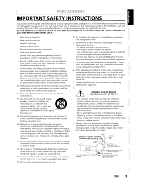 Page 3IMPORTANTSAFETYINSTRUCTIONS
Thisunithasbeendesigned andmanufacturedtoassure personal safety.Improperusecan result inelectric shockorfirehazard.
The safeguards incorporated inthisunitwillprotectyouifyou observe thefollowingproceduresforinstallation,useand
servicing. Thisunitisfullytransistorized anddoesnotcontain anypartsthatcanberepaired bythe user.
DONOTREMOVE THECABINET COVER,ORYOUMAYBEEXPOSED TODANGEROUS VOLTAGE.REFERSERVICINGTO
QUALIFIED SERVICEPERSONNEL ONLY.
1.Readtheseinstructions.
2.Keepthese...