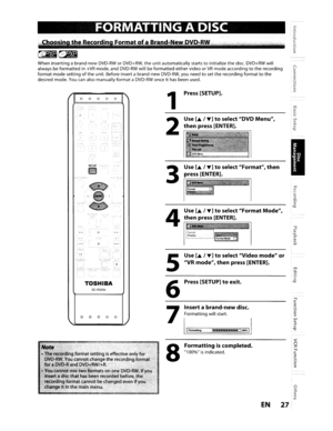 Page 27FORMATTINGADISC
Press [SETUP].
Use [
....1T]toselect Format,then
press[ENTER].
::0ro1\0.....0..:lI,Q
4::EOJ