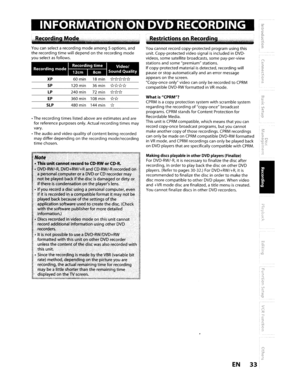 Page 33WhatisCPRM?
CPRMisacopy protection systemwithscramblesystem
regarding therecordingofcopy-once broadcast
programs.
CPRMstands forContent Protection for
Recordable Media.
This unit
isCPRMcompatible, whichmeans thatyoucan
record copy-once broadcastprograms, butyou cannot
make another copyofthoserecordings.CPRMrecordings
canonlybemade onCPRMcompatibleDVD-RWformattedinVRmode, andCPRMrecordingscanonlybeplayed back
on
DVDplayers thatarespecifically compatible withCPRM.
MakingdiscsplayableinotherDVDplayers...