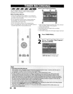 Page 38TIMERRECORDING
GljjC]jj~c:mc:D_
Youcanprogram theunittorecord upto12programswithinamonthinadvance. Dailyorweekly program
recordings
arealso available.
Before recording, makesure
•Connect theexternal tunertoeitherL1orL2and setit
tooutputaudio/video signalswhenitcomestothetime
you wanttostart recording.
• Do not change theexternal tunerschannel whileyou
arerecording.Youcannot watchonechannel and
record another atthe same time.
•
Setthe clock before setting atimer programming.
• Insert arecordable disc...