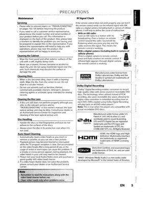 Page 5IRSignalCheck
Ifthe remote controldoesnotworkproperly, youcantestiftheremote controlsendsouttheinfrared signalwithAM
radiooradigital camera (including built-incameraofcellular
phone). Itwill helptodefine thecauseofmalfunction.
WithanAMradio:TuneanAMradiotoastationwithno
broadcasting.Pressabuttonon remote
controltowardthe radio. Sound willbe
flutteringwhenyou press anykeyandtheradio receivesthesignal. Thismeanstheremote controlisworking.
•Withadigitalcamera(includingbuilt-incameraof
cellularphone):
Direct...