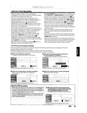 Page 41•Ifthereisapower failureorthisunithasbeen
unplugged formore than30seconds, theclock setting
and alltimer programming willbelost.
•
Ifa discisnotinserted orifainserted discisnotrecordable (finalizedDVD-RW/-R,finalizedDVD+RW,a
fully recorded disc,etc.), DVD onthe front panel
display flashesand
timerrecording cannotbe
performed.Insomecases,~will appear momentarily
around thestartpointastheunitattemptstorecord.Pleaseinsert arecordable disc.
•
Ifa cassette tapewithanerase-protection tabisnotin
the cassette...