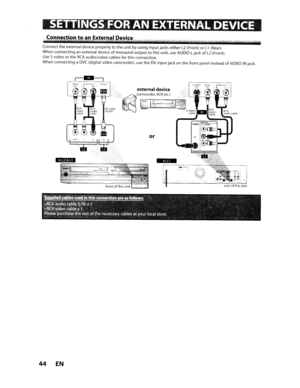 Page 44Connectiontoan ExternalD.4[!vice.
Connecttheexternal deviceproperlytotheunitbyusinginputjackseitherL2(Front)orL1(Rear).
When
connectingan external deviceofmonauraloutputtothisunit, useAUDIO LjackofL2(Front).
Use S-video
ortheRCAaudio/videocablesforthisconnection.
WhenconnectingaDVC(digitalvideocamcorder). usetheDVinputjackonthefrontpanel insteadofVIDEOINjack.
frontofthisunit6====d1
__!!2..=-1I,,,,,I"'~~.._ir.l~
'~."''''
v~u~or~UDIOau;-I
p;-
1M:.
ov-our
or
M....