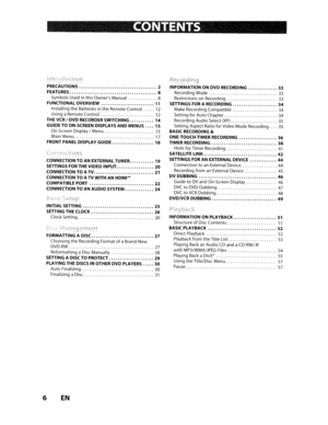 Page 6CONTENTS
!nttoduction
PRECAUTIONS2
FEATURES8
SymbolsUsedinthis Owners Manual 8
FUNCTIONALOVERVIEW11
InstallingtheBatteries intheRemoteControl 12
Using aRemote Control
12
THEVCRIDVDRECORDER SWiTCHING14
GUIDETOON-SCREEN DISPLAYSANDMENUS15
On-ScreenDisplay/Menu15
Main Menu 17
FRONTPANELDISPLAY GUiDE18
(or-nections---CONNECTION TOAN EXTERNAL TUNER19
SETTINGSFORTHEVIDEO INPUT20
CONNECTIONTOATV21
CONNECTION TOA
TVWITH ANHDMI
COMPATIBLE PORT
22
CONNECTION TOANAUDIOSYSTEM24
_Ba