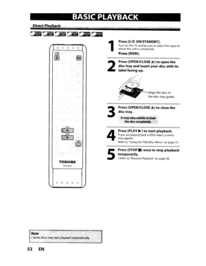 Page 52BASICPLAYBACK
Direc~Piaback.
o0 0 0 0II
OPENI
CLOSE
[]J
PLAY
•fiJi~~STOP
f~'i~1"~.VD\lflIlJ
TOSHIBA
SE·R0295
o0 0 0 0
Note
• Some discsmaystart playback automatically.,
52EN
1
2
3
4
5
Press[I/OON/STANDBY].
TurnontheTVand besuretoselect theinputtowhich theunitisconnected.
Press[DVD].
Press[OPEN/CLOSE...]toopenthe
disctrayandinsertyourdiscwithits
label facing up.
~Alignthediscto
thedisc traygUide,
Press [OPEN/CLOSE...]toclosethe
disctray.
ItCmaytakeawhiletoI
,
th,dis