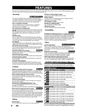 Page 8FEATURES
Thisunitnotonly plays backDVD,CDandcassette tapebutalsooffers features foryoutorecord onDVD/cassette tapeand
edit them afterthat.Thefollowing featuresareofferedwiththis unit.
Description
Recording
,.V;.i,,ftItM1%3;1I,t.fj
Thisunitiscompatiblewithrecording onDVD-RWwhichisrecordable repeatedlyandDVD-Rwhichaccept theadditional
recordings untilthedisc becomes fullbutnotoverwritable.Also,this unit allows youtorecord tothe cassette tape.
Up to12 program recording:
Youcanprogramtheunit torecord...