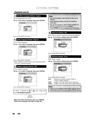 Page 90GENERALSETTING
Piaback(colltd)
DiscMenuLanguage(Default:English)
Setthelanguage fordisc menu.
Use [...
T]toselect alanguage,thenpress[ENTER].
1,,--sOtung..~.
1··:...·:·KIciOfsJjIa,
IMCORe.:oromgICbclo.!!JlvXIHOM!~~~I_~·l
Your setting willbeactivated.
AudioLanguage(Default:Original)
Setthe audio language.
Use [...
T]toselect alanguage,thenpress[ENTER].
[~--.o.~
Pla~ll;'lCk
1~:::jn9Clock
ID1VXHOMILRe$et~_"-l~--f
Yoursetting willbeactivated.
• When Originalisselected, theaudio language willbe
in the...