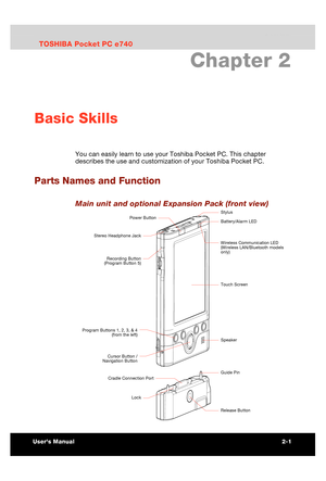 Page 18 Basic Skills 
Users Manual 2-1 
TOSHIBA Pocket PC e740 Version   1   Last Saved on 10/05/2002 21:02 
ENGLISH using  Euro_C.dot –– Printed on 10/05/2002 as PDA3_UK 
Chapter 2 
Basic Skills 
You can easily learn to use your Toshiba Pocket PC. This chapter 
describes the use and customization of your Toshiba Pocket PC. 
Parts Names and Function 
Main unit and optional Expansion Pack (front view) 
 
 
TOSHIBA Pocket PC e740 
 Users Manual 2-1 
Program Buttons 1, 2, 3, & 4
(from the left)
Speaker 
Touch...