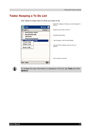 Page 66 Microsoft Pocket Outlook 
Users Manual 4-8 
TOSHIBA Pocket PC e740 Version   1   Last Saved on 10/05/2002 21:02 
ENGLISH using  Euro_C.dot –– Printed on 10/05/2002 as PDA3_UK 
Tasks: Keeping a To Do List 
Use Tasks to keep track of what you have to do. 
 
To change the way information is displayed in the list, tap Tools and then 
Options.   
Select the category of tasks you want displayed in
the list. 
Tap to create a new task. 
Tap and hold to display a pop-up menu of 
actions. 
Tap to display or edit...