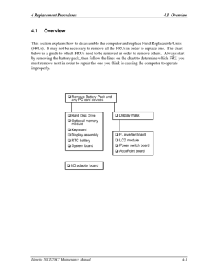 Page 1324 Replacement Procedures 4.1  OverviewLibretto 50CT/70CT Maintenance Manual4-14 
4.1 Overview
This section explains how to disassemble the computer and replace Field Replaceable Units
(FRUs).  It may not be necessary to remove all the FRUs in order to replace one.  The chart
below is a guide to which FRUs need to be removed in order to remove others.  Always start
by removing the battery pack, then follow the lines on the chart to determine which FRU you
must remove next in order to repair the one you...