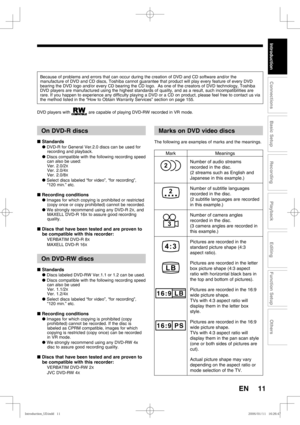 Page 1111
Recording
Playback
Editing
Introduction
Connections
Basic Setup
Function Setup
Others
EN
On DVD-R discs
■ Standards
● DVD-R for General Ver.2.0 discs can be used for 
recording and playback.
● Discs compatible with the following recording speed 
can also be used:
Ver. 2.0/2
XVer. 2.0/4XVer. 2.0/8X
● Select discs labeled “for video”, “for recording”, 
“120 min.” etc.
■ Recording conditions
● Images for which copying is prohibited or restricted 
(copy once or copy prohibited) cannot be recorded. 
● We...