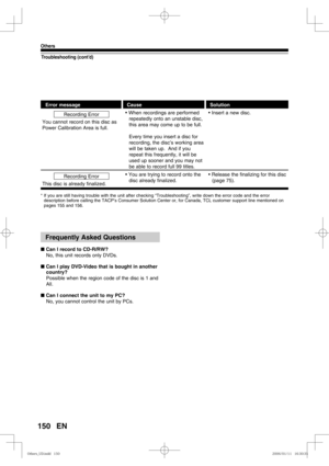 Page 150150
Others
EN
Troubleshooting (cont’d)
Error message Cause Solution
Recording Error
You cannot record on this disc as 
Power Calibration Area is full.• When recordings are performed 
repeatedly onto an unstable disc, 
this area may come up to be full.
Every time you insert a disc for 
recording, the disc’s working area 
will be taken up.  And if you 
repeat this frequently, it will be 
used up sooner and you may not 
be able to record full 99 titles.• Insert a new disc.
Recording Error
This disc is...