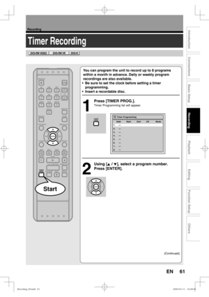 Page 6161
Recording
Recording
Playback
Editing
Introduction
Connections
Basic Setup
Function Setup
Others
EN
Timer Recording
You can program the unit to record up to 8 programs 
within a month in advance. Daily or weekly program 
recordings are also available.
•  Be sure to set the clock before setting a timer 
programming.
•  Insert a recordable disc.
1
  Press [TIMER PROG.].
Timer Programming list will appear.
2
 Using [K / L], select a program number. 
Press [ENTER].
(Continued)
Start
Timer Programming
2....