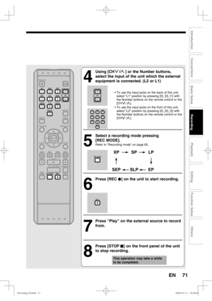 Page 7171
Recording
Playback
Editing
Introduction
Connections
Basic Setup
Function Setup
Others
EN
4
  Using [CH    /    ] or the Number buttons, 
select the input of the unit which the external 
equipment is connected. (L2 or L1)
• To use the input jacks on the back of this unit, 
select “L1” position by pressing [0], [0], [1] with 
the Number buttons on the remote control or the 
[CH    /    ].
• To use the input jacks on the front of this unit, 
select “L2” position by pressing [0], [0], [2] with 
the Number...