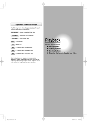 Page 79Symbols in this Section
The following icons show the playable discs for each 
function described on this section.
: Video mode DVD-RW disc
: VR mode DVD-RW disc
: DVD-Video disc
: DVD-R disc
: Audio CD
: CD-R/RW disc with MP3 files
: CD-R/RW disc with WMA files
: CD-R/RW disc with JPEG files
Most instructions are based on remote control 
operation, unless otherwise noted. You can use the 
buttons on the remote control as well as those on the 
main unit when they have the same function.
Playback
Play your...